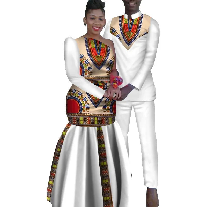 

2 Piece Set African Dashiki Print Couple Clothing for Lovers Men's Shirt and pant Women Dress Party Wedding Fashion WYQ16