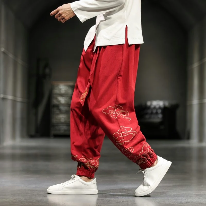 

Красные мужские брюки Ханьфу с широкими штанинами, весенние, с вышивкой, больших размеров, удобные, свободного кроя, повседневные брюки-харбин