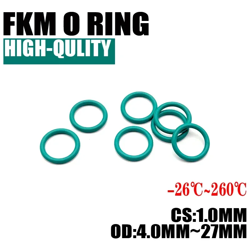 

50 шт. зеленое уплотнительное кольцо FKM, превосходная фторкаучук CS 1 мм, наружный диаметр 4 мм ~ 27 мм, уплотнительная прокладка, изоляционное масло, высокая термостойкость