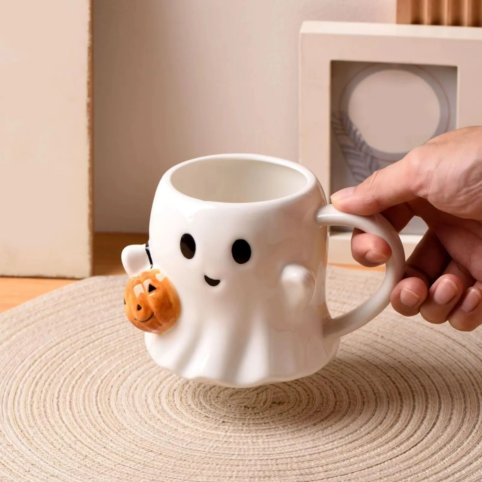 Cute Ghost Mug Halloween Ceramic Coffee Cup 3D Pumpkin Creative Spooky Drinkware Novelty Tea Milk Mug with Spoon Birthday Gift