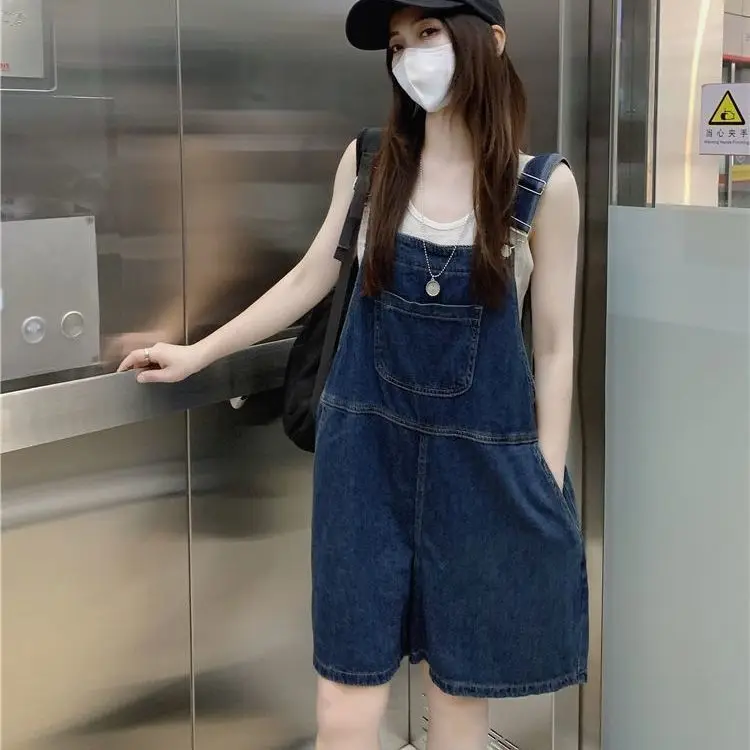 

Women's Denim Rompers Playsuits Overalls Ladies Pleated Pocket Lifting Hip Monochromatic Workwear Flip Buckle Print Adjustable