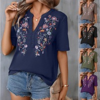 Casual Loose Floral Blouses For Women Fashion 2025 Summer Vintage Women's Short Sleeve Shirts Lace Patchwork Blouse Embroid Tops