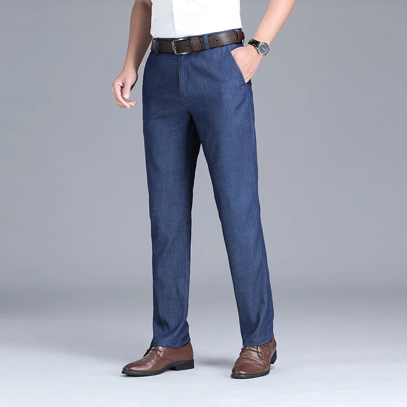 2024 New Men\'s Summer Thin Jeans Loose Stretch Large Size Ice Silk Straight Pants Elite Business Casual Pants Smoke Gray Blue