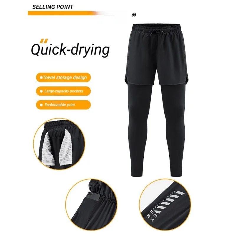 Men Running Pants 2 in 1 Compression Tights With Side Pocket Quick Dry Marathon Sports Pants For Men Training Jogging Athletic L