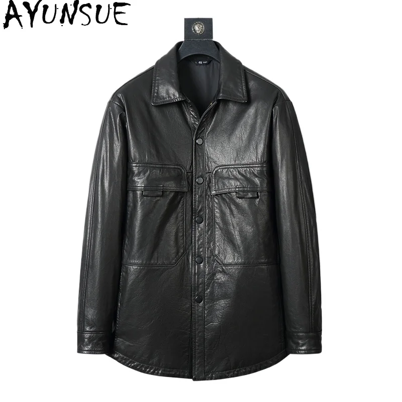 

AYUNSUE Genuine Leather Jacket Men Single-breasted Real Cow Leather Coat Loose Oil-waxed Cowhide Leather Jackets Man Abrigos