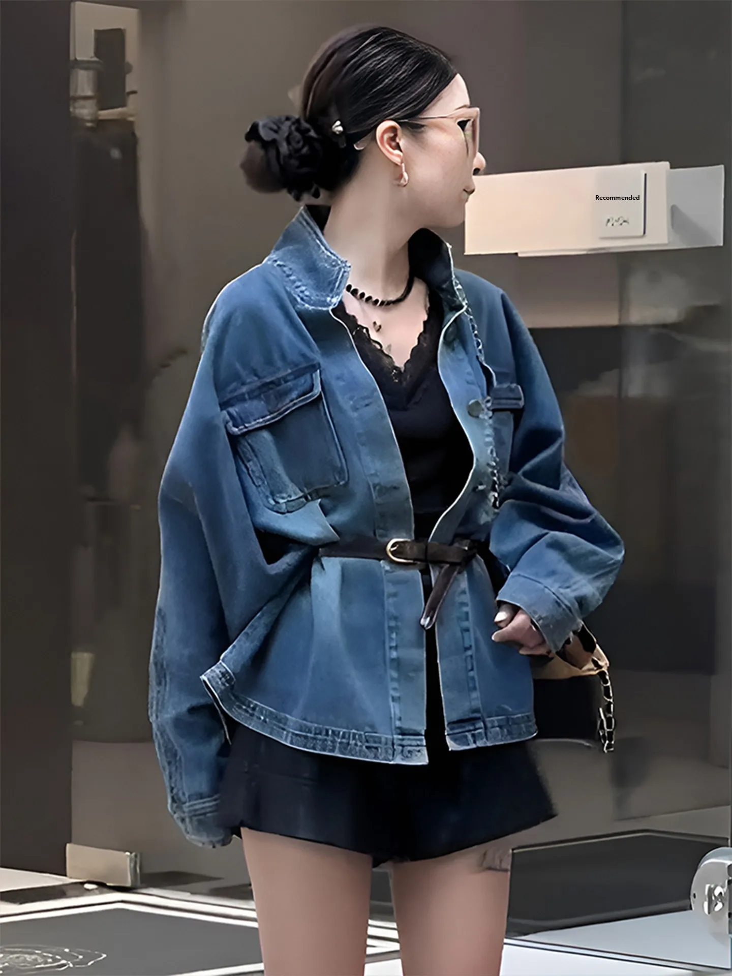 

Retro Hong Kong Sle Long Sve Blue Denim irt Jaet Women's Early Autumn Waist-Cinching Design Layered Top