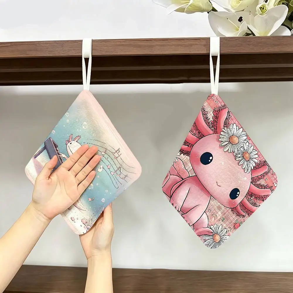 Cute Axolotl Printed Polyester Cotton Daily Towel, Hanging Kitchen Hand Wiping Cloth, Durable for Whole House Use