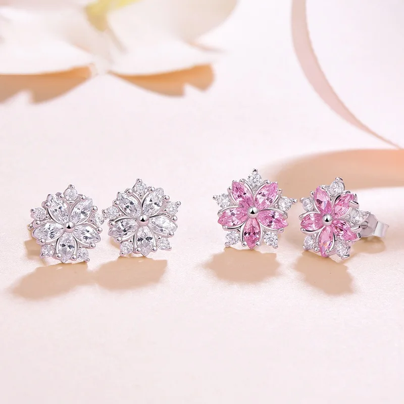 Pink Cherry Flower Blossoms Flower Crystal Stud Earrings Silver Color Ear Studs Women\'s Fine Jewelry Mother\'s day Birthday Gift