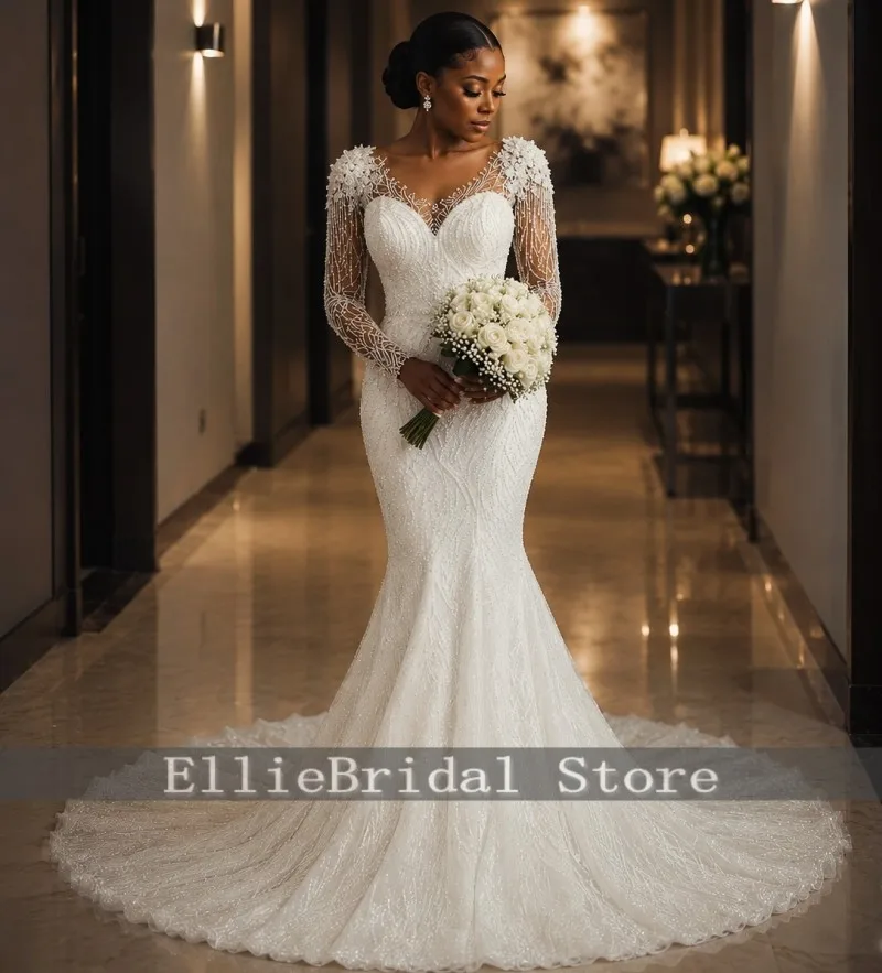 Elegant Wedding Dresses Women Charming Mermaid Long Sleeves Beading Illusion Classic Bridal Gowns Vestido De Novia Customized