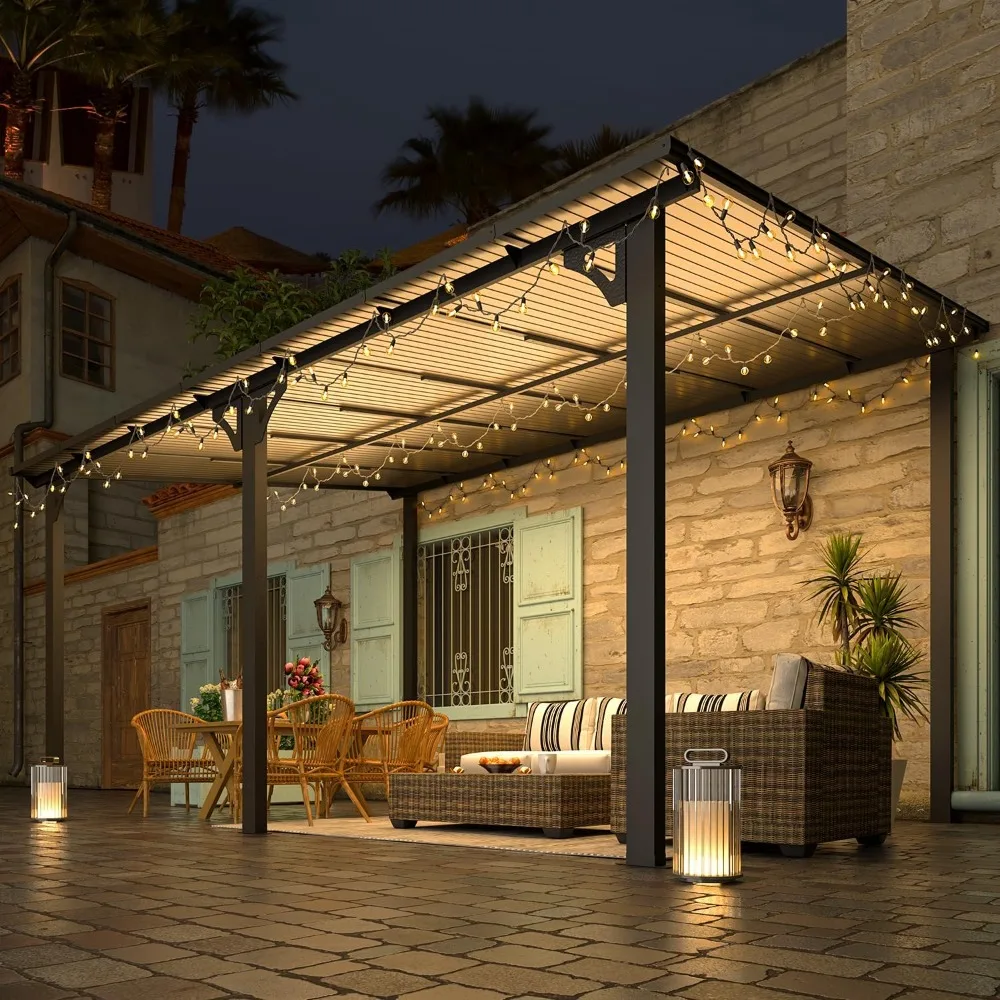 Shaded Patio Awning for Deck Backyard Hard Top Wall Mounted Gazebo Pergola with Roof 140 Sq Ft