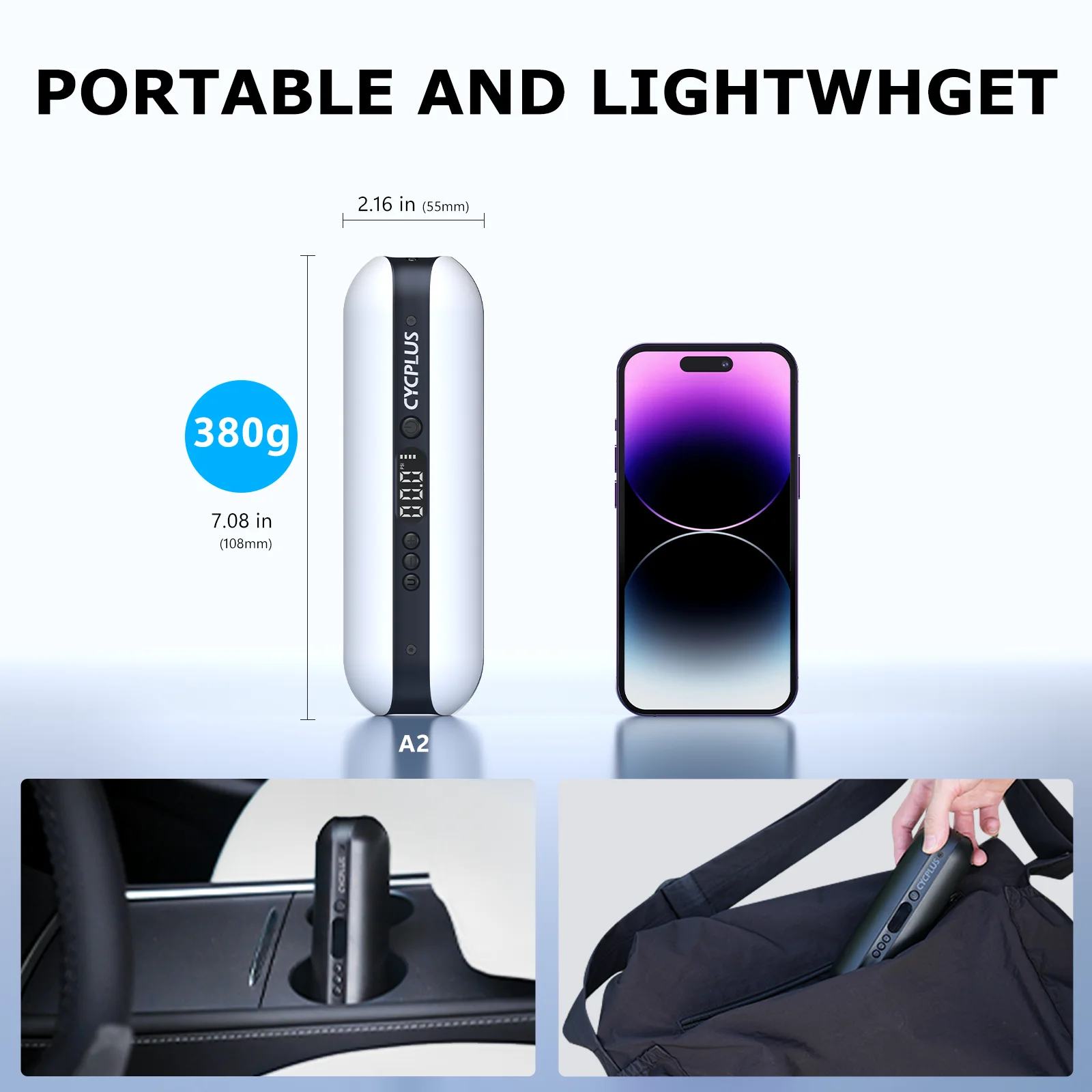 Pompe à vélo électrique CYCPLUS A2 haute pression 150 PSI rechargeable avec LED, portable, pour pneus de vélo, de voiture et de moto