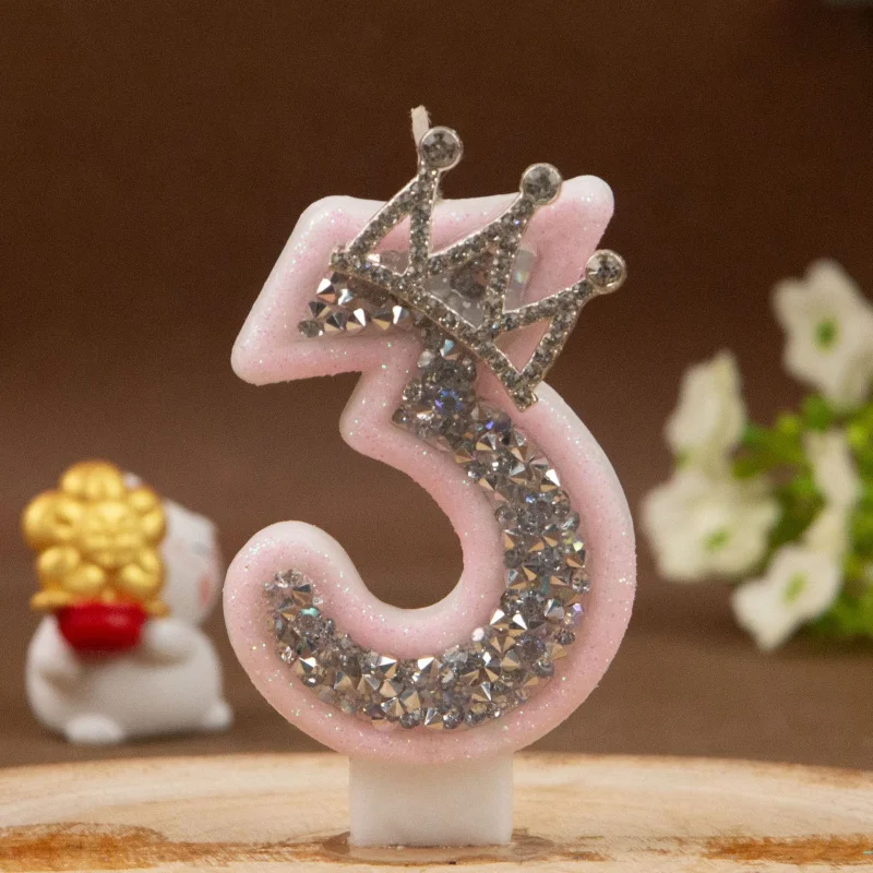 Digital Candles 0-9 Pink Silver Rhinestone Crown Creative Cake Decorative Birthday Candles