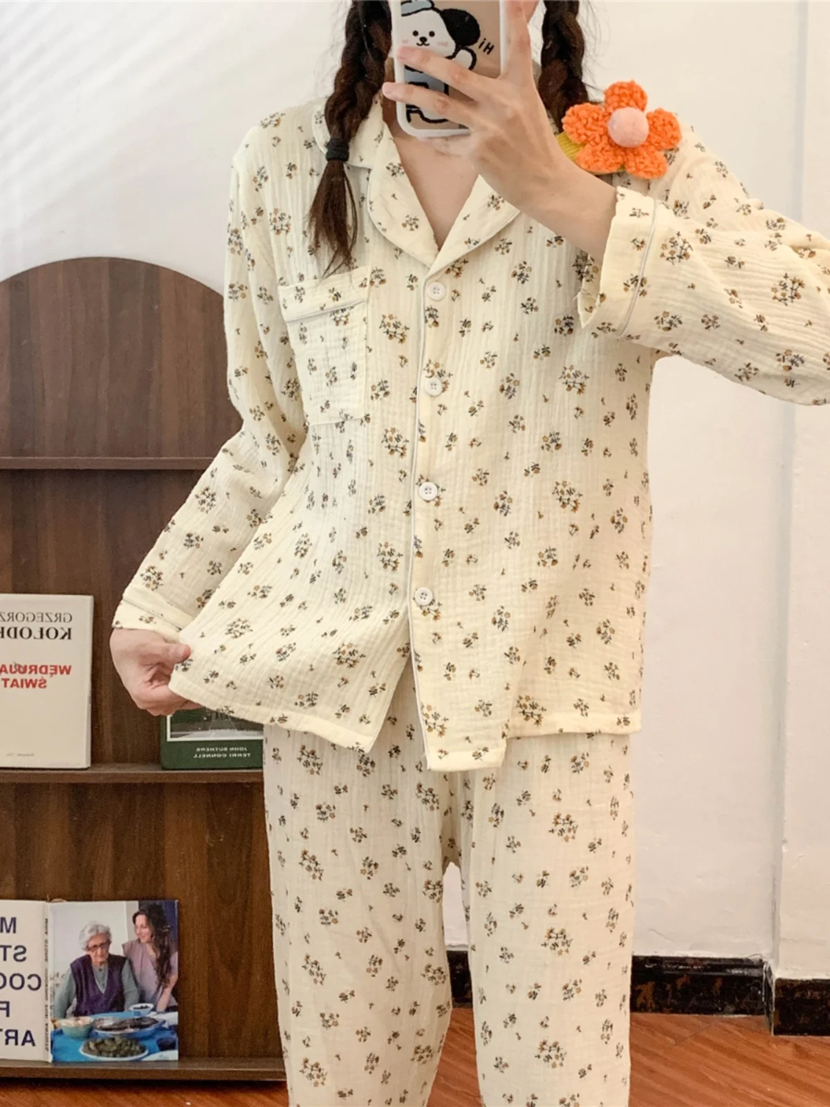 Floral Print Long Sleeve Sleepwear Women's Cotton Gauze Thin Home Clothes Set Youth Sweet Style Comfortable Breathable Home Suit