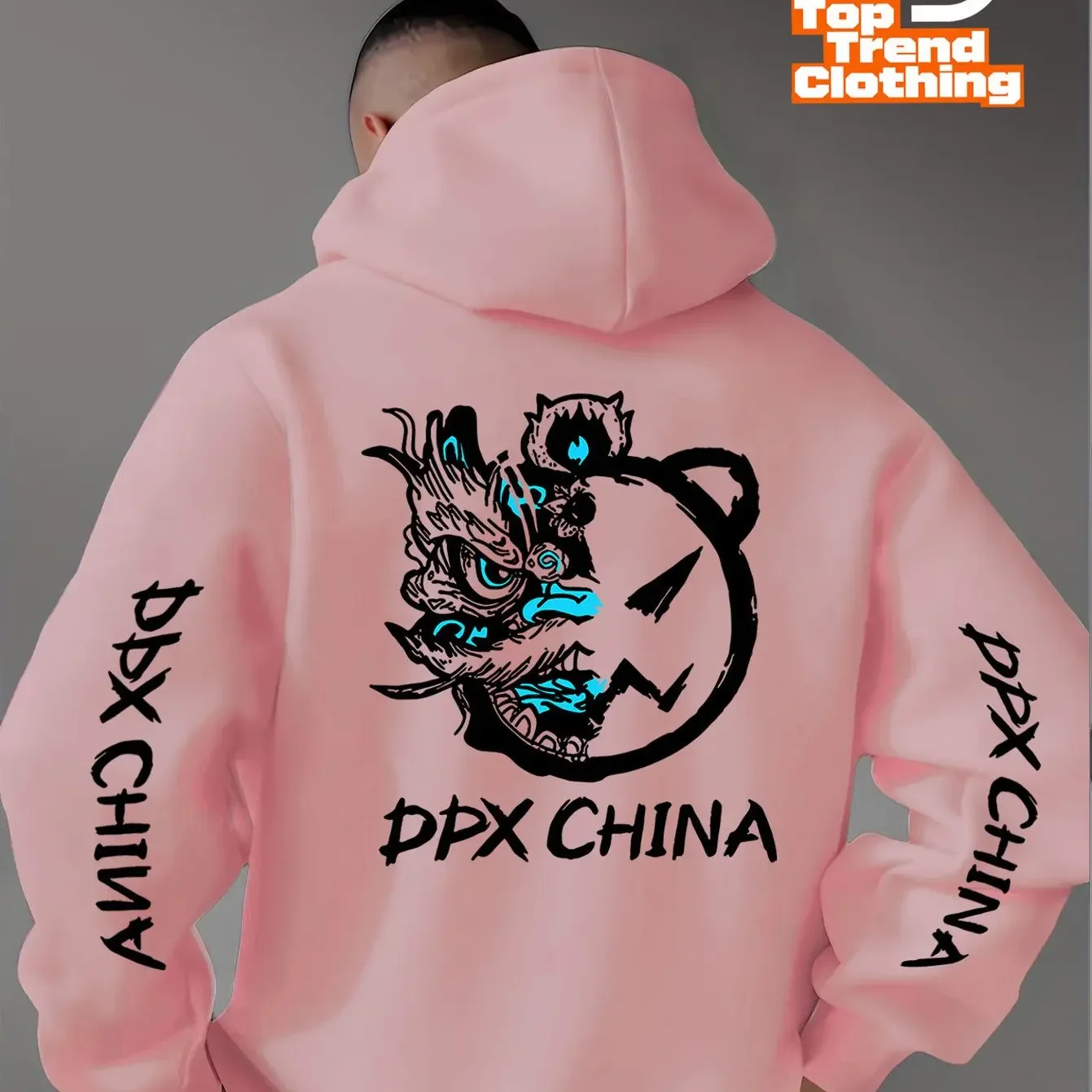 Streetwear China Style Dragon Devil Smile Graffiti DPX Text Back & Double Sleeve Print Hoodie Loose Fit Unisex Autumn Winter