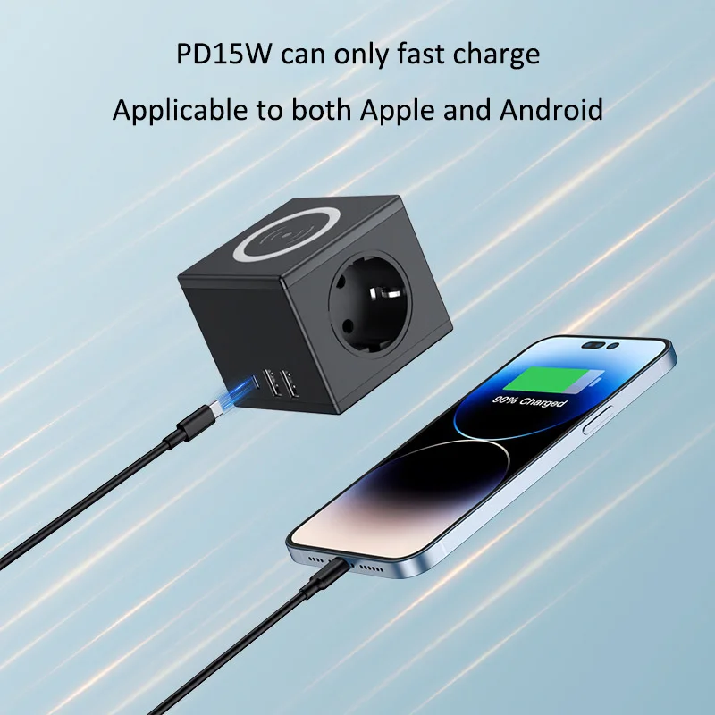 Wireless Charging EU Cube Power Strip with 15W Fast Charge PD USB Ports, Desktop Outlet, Multiple Colors Available