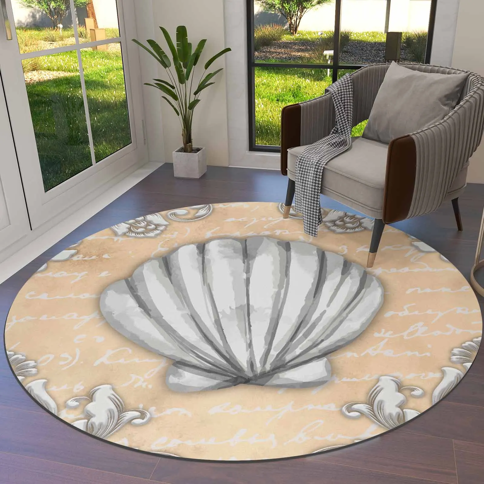 

Text Stone Carving Shell Natural Color Round Area Rug Carpets For Living Room Large Mat Home Bedroom Kid Room Decoration