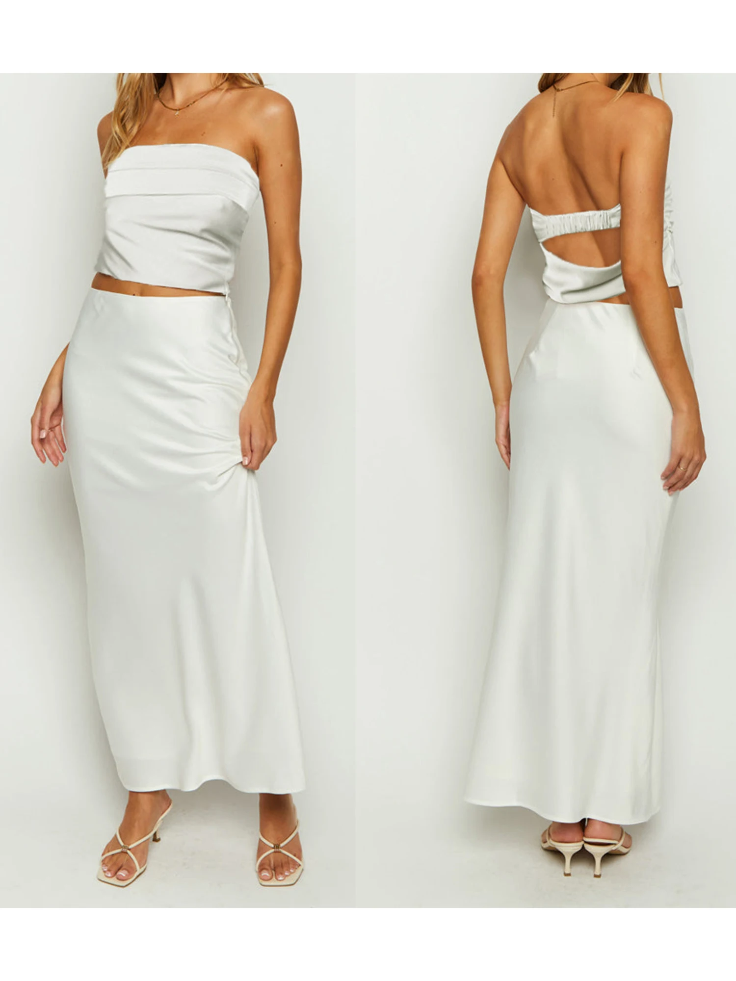 Elegante set top con spalle scoperte e gonna lunga con spacco alto per look alla moda estivo da donna