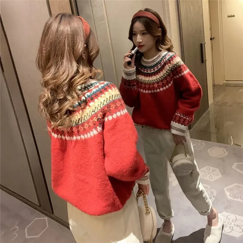 Autumn Winter New Sweater Women\'s Stitching Jacquard Round Neck Pullover Top Loose Fashion Commuter Knitted Female Clothing M356