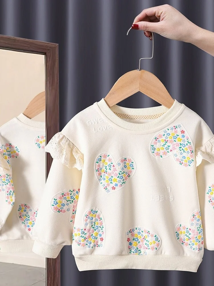 Fashionable Floral Heart Print Hoodie for Girls Cotton Blend Overhead Shirt Korean Style Commute Suitable for Teens