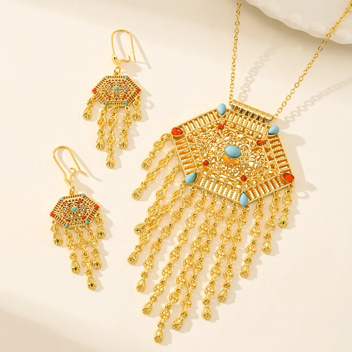 9999 gold best-selling vintage ethnic feng shui pendant and earring jewelry set
