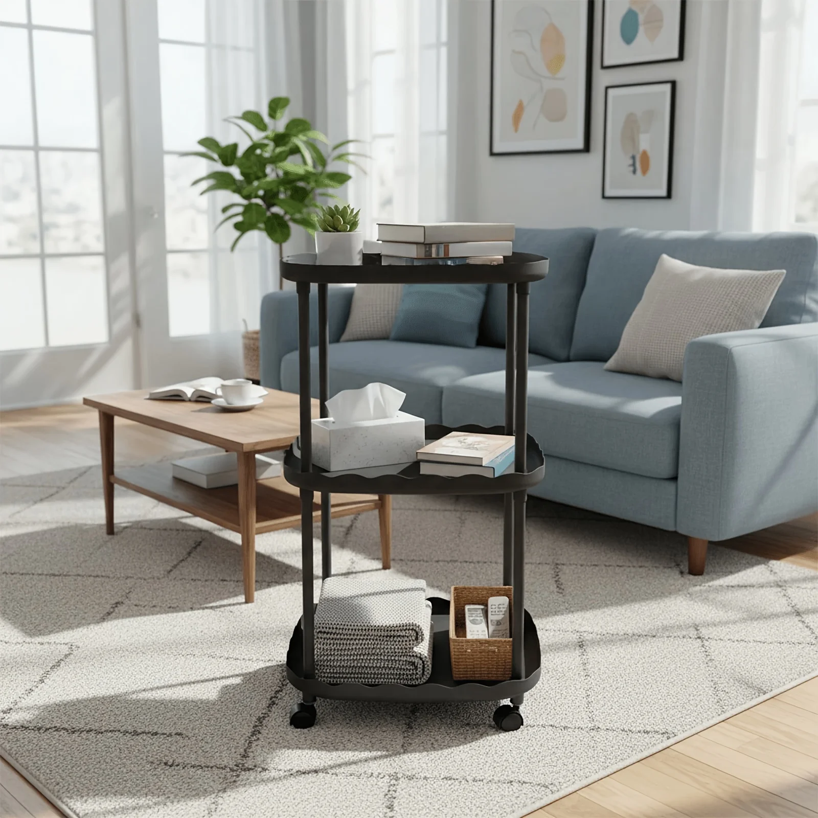 3 Tier Wave Edge Rolling Side Table Mobile Storage Cart with Swivel Casters, Home Furniture Kitchen Storage Organizer Standing Shelving Rack, Compact Plastic Nightstand End Table, Space Saving Rolling Organizer for Sofa Bedside Living Room Apartment