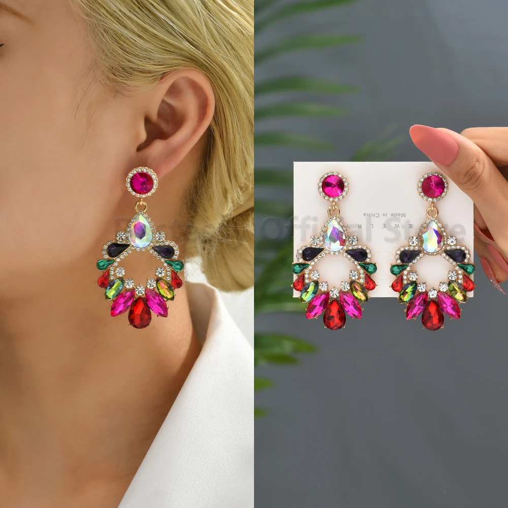 Colorful Crystal Glass Dangle Earrings For Women Geometric Luxury Original Design Elegant Ear Accessories Vintage Jewelry Gift