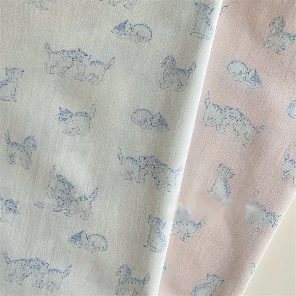 Cartoon Printed Kitten Headscarf Fabric Headband Pajamas 40 Count Pure Cotton Blue White Fabric Handmade DIY Sewing Fabric