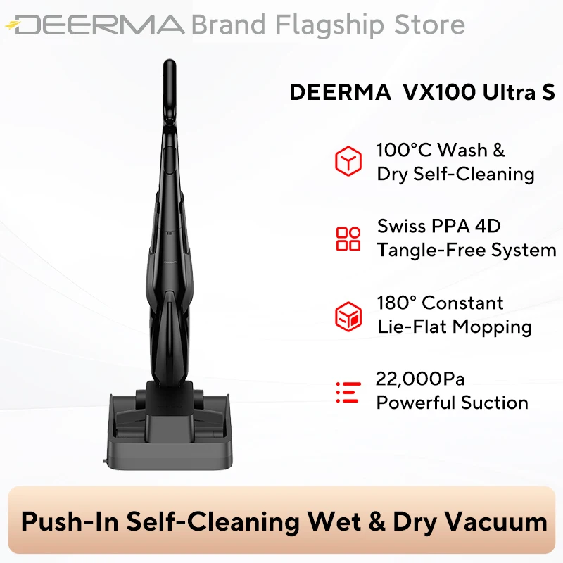 Deerma Vx100 Ultra S nat- en droogstofzuiger, zelfreinigend, wassen en drogen op 100 ° C, krachtige zuigkracht van 22.000 Pa