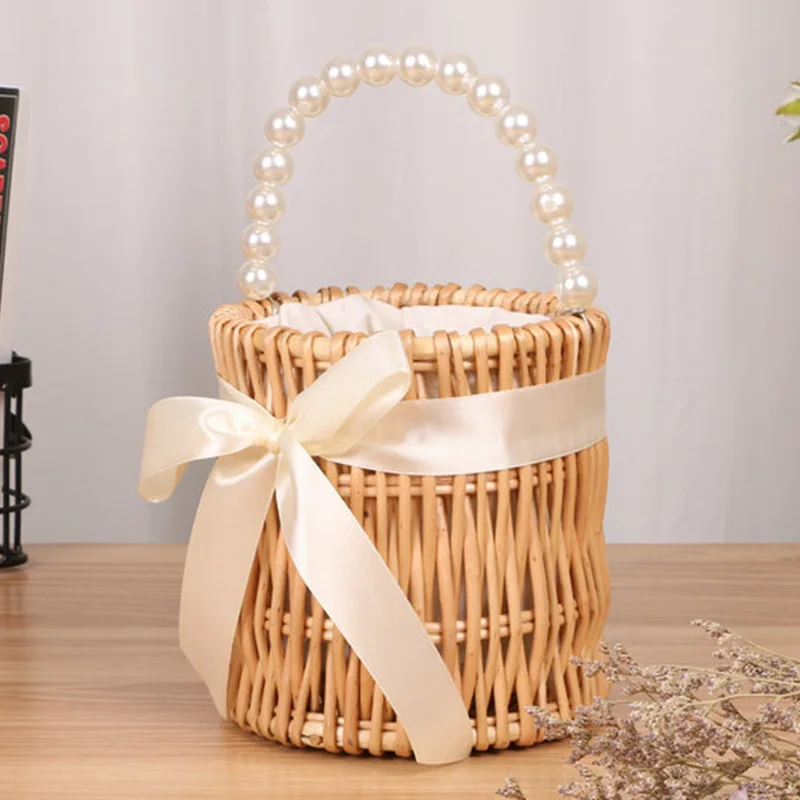 Wicker Woven Basket Home Ornaments Jewelry Storage Pearl Handbag Wedding Flower Basket Party Event Decor Gift Basket for Crafts