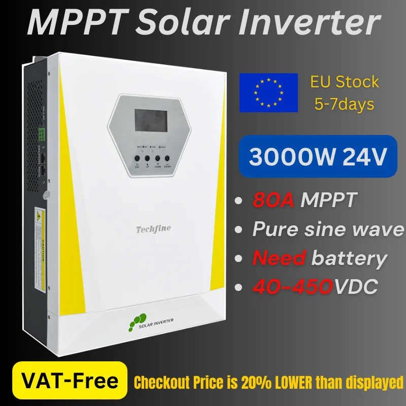 Techfine 3000W 24V Off-Grid Solar Pure Sine Wave Inverter with MPPT 80A Charger Controller – 230VAC Output, 40-500VDC PV Input