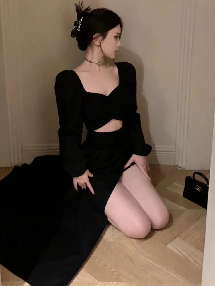 Lantern Sleeve Dress Women A-line High Waist Ladies Ruffles Elegant Sweet Gentle French Princess Clothing Ankle-Length Aesthetic