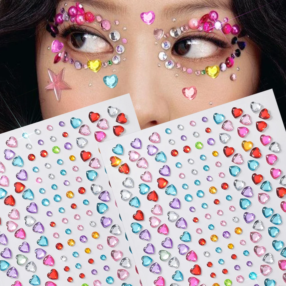 1Pcs 3D Iridescent Love-Heart Face Gems Self-Adhesive Stickers Sparkle Diamond Temporary Tattoos for Child Gril Eye Body Makeup