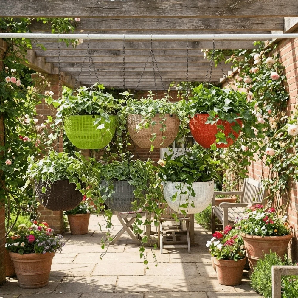 Plastic Imitation Rattan Hanging Pot European Style Self Absorbing Water Plant Hanging Basket with Chain Stackable