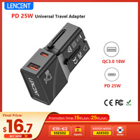 LENCENT Universal Travel Adapter Power Adapter with1 USB-A QC 3.0 18W and 1 Type C PD 25W Fast Charger for US EU UK AUS Travel