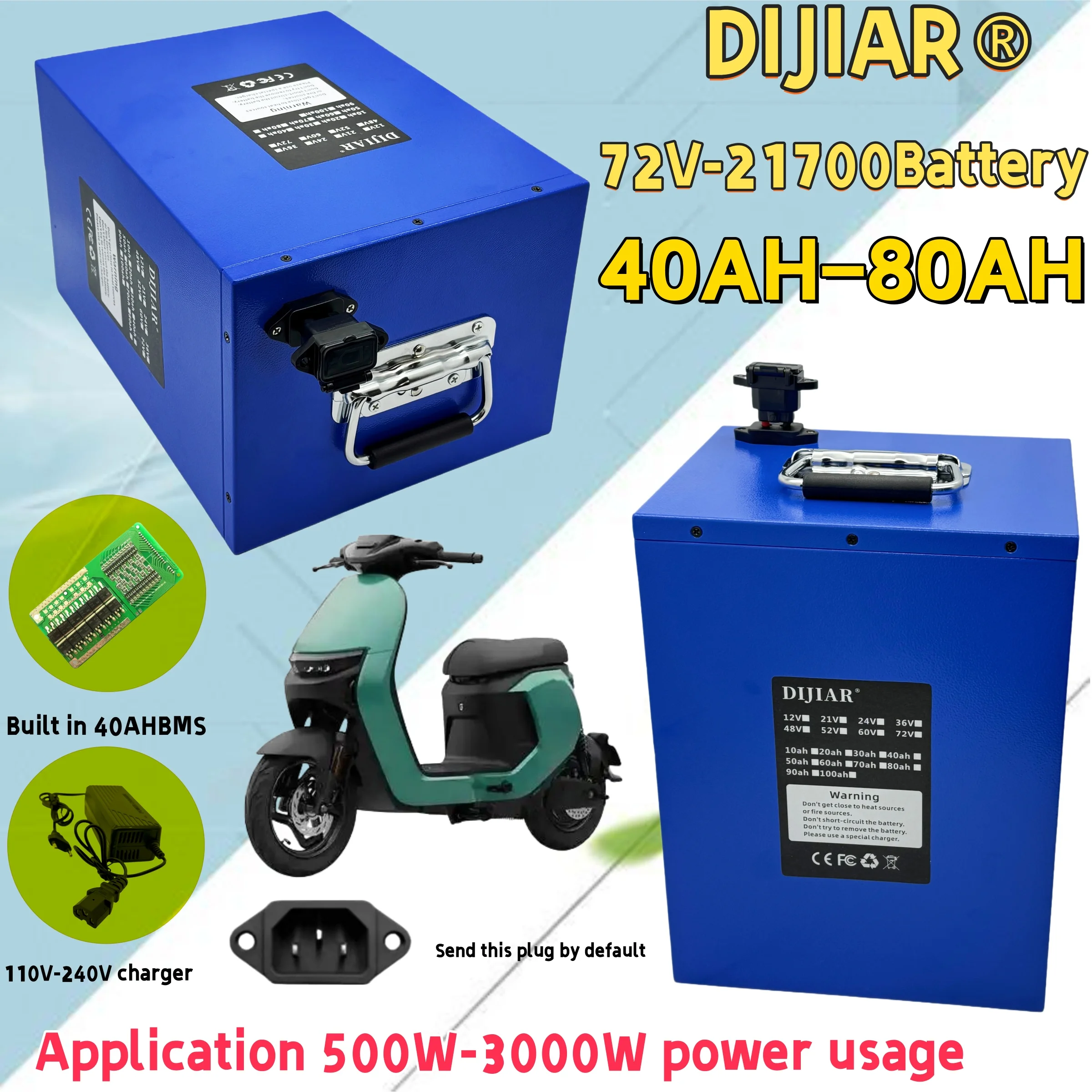 

72V21700 lithium-ion battery, 40AH-80AH large capacity, air transportation, 50% discount, waterproof shell, built-in 40AHBMS