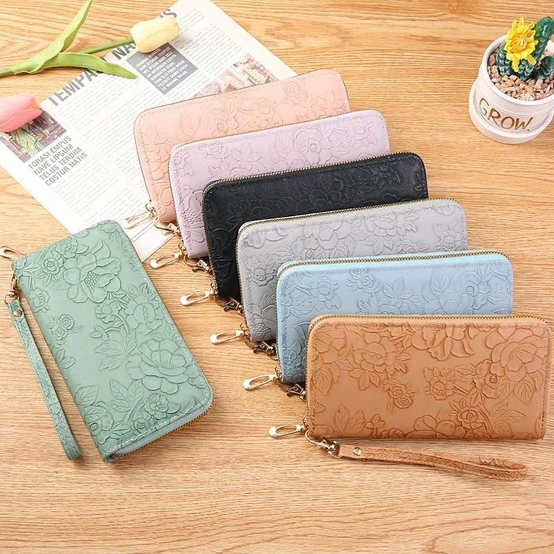 

Floral Embossed Long Wallet PU Leather Credit Card Holder Simple Trendy Phone Coin Clutch Purse for Women Hand-painted Wallet