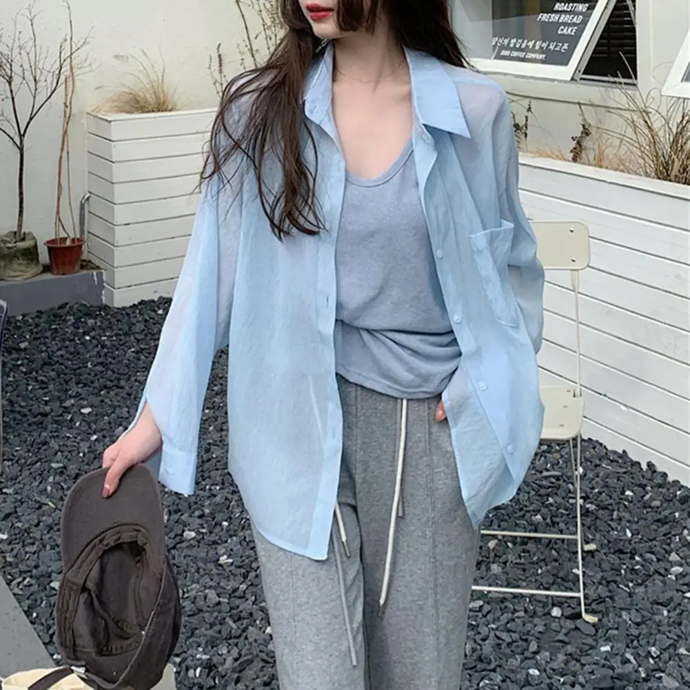 Commuting Shirt Loose Fit Mid-length Women's Summer Shirt Lapel Long Sleeve Single Breasted Solid Color Tops for Thin Sun