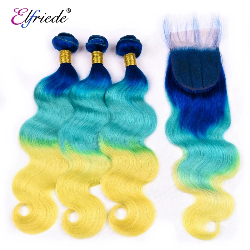 

Elfriede Blue/Green/Yellow Body Wave 3T Ombre Color Hair Bundles with Closure Human Hair Weaves 3 Bundles with Lace Closure 4x4