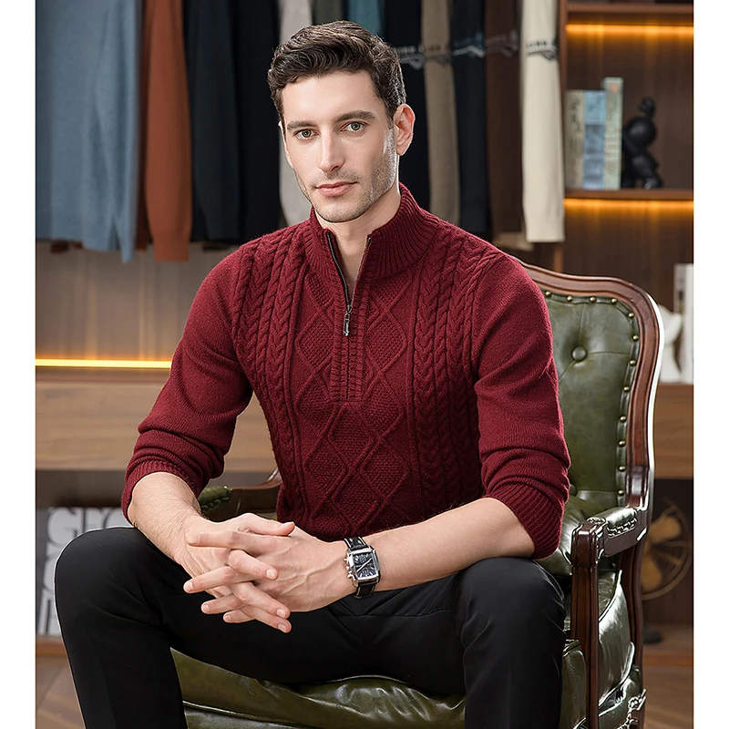เสื้อสเวตเตอร์ผู้ชายแฟชั่นใหม่ แนวหนา ปี 2025 แฟชั่นฤดูหนาว คอตั้ง ถักลาย Argyle แขนยาว อุ่น ซิป