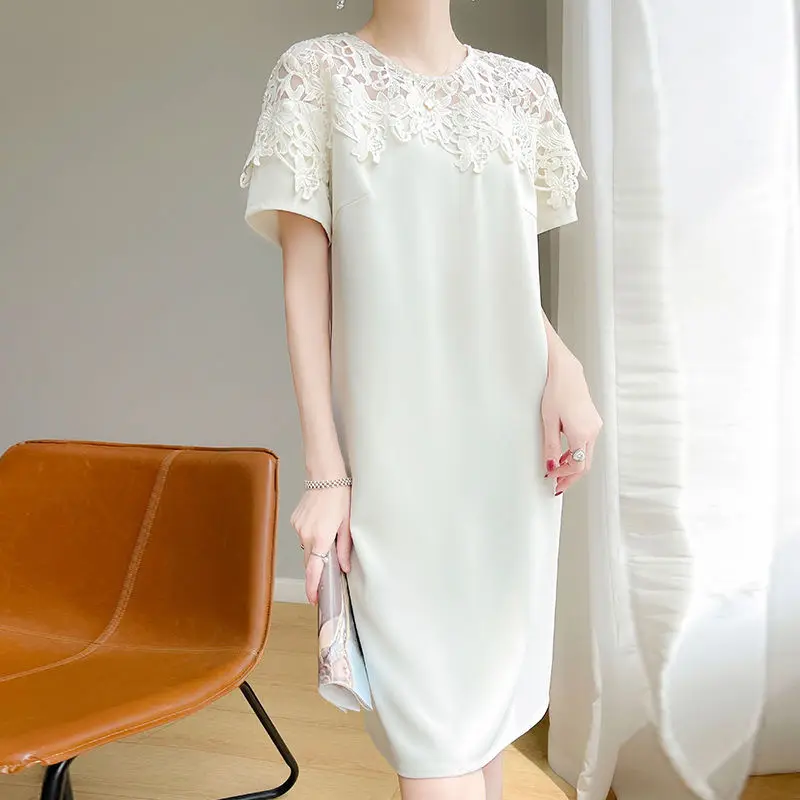 Lace Embroidered Silk Dress Spring Summer New Women\'s Temperament Fashionable Commuting Long Skirt Solid Color Versatile Dresses