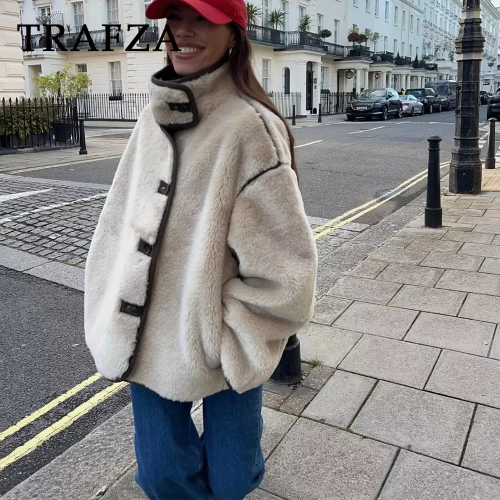 TRAFZA 2024 Autumn Winter Streetwear Women Jackets Fashion Casual Spliced Solid O Neck Single Breasted Lambswool Oversized Coats