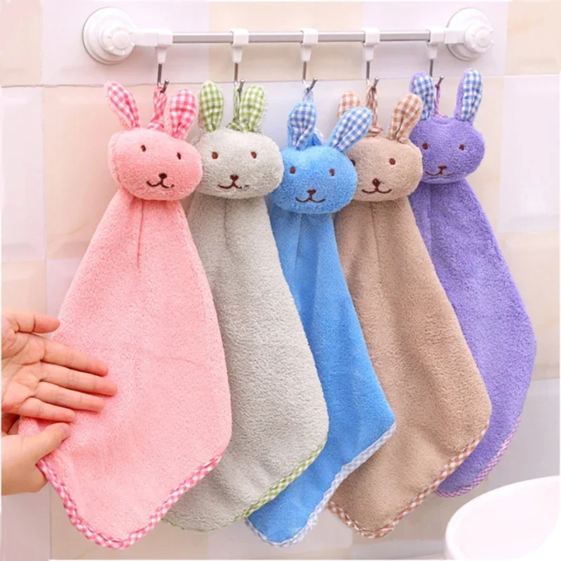 Cute Baby Infant Coral Velvet Hand Towel Cartoon Animal Rabbit Kitchen Hanging Bath Wipe Towel Washcloths Kids Handkerchief