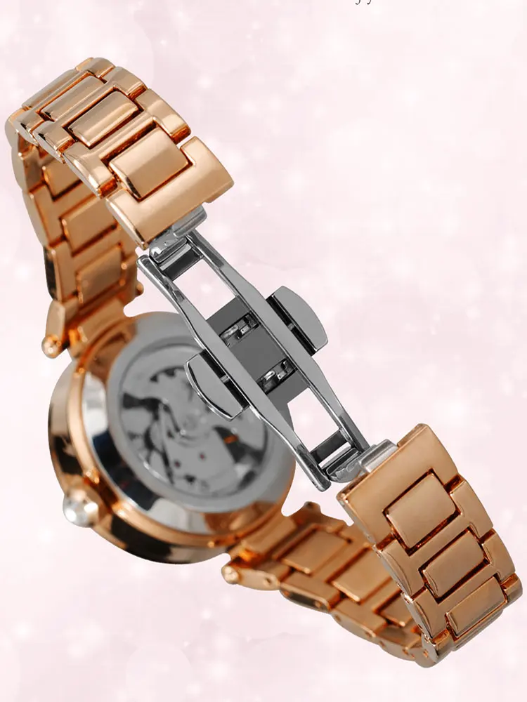 موضة 2025 ساعات نسائية فاخرة جديدة راقية الماس هيكل عظمي من الفولاذ المقاوم للصدأ ساعة ميكانيكية أنيقة للسيدات هدية زفاف