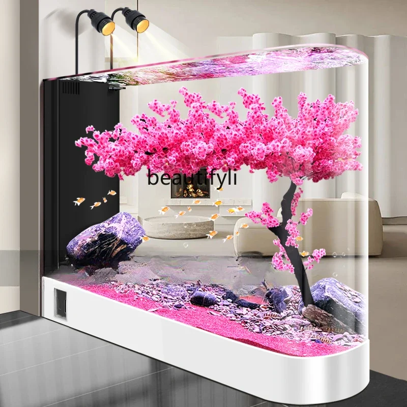 

Fish Tank Super White Glass Living Room Large Subareas Screens Hot Bending Integrated Floor Aquarium