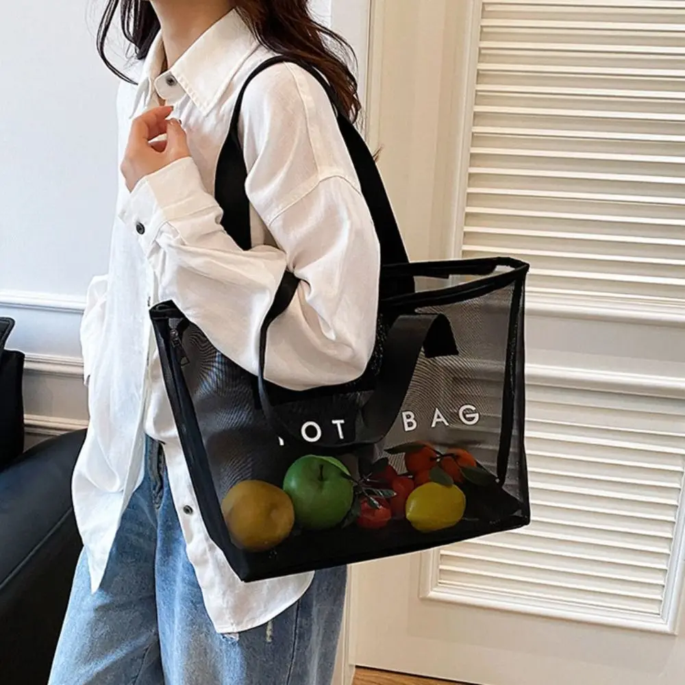 

Transparent Mesh Tote Bag Large Capacity Zipper Swimming Handbag Storage Pouch with Handle Shopping Shoulder Bag Cosmetic