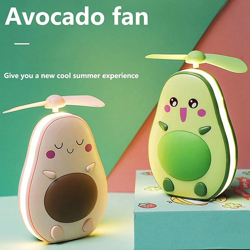 NEW-Mini LED Makeup Mirror and Fan 2 in 1 Integrated Cute Avocado Shaped Practical Portable USB Charging Handheld Fan,Brown