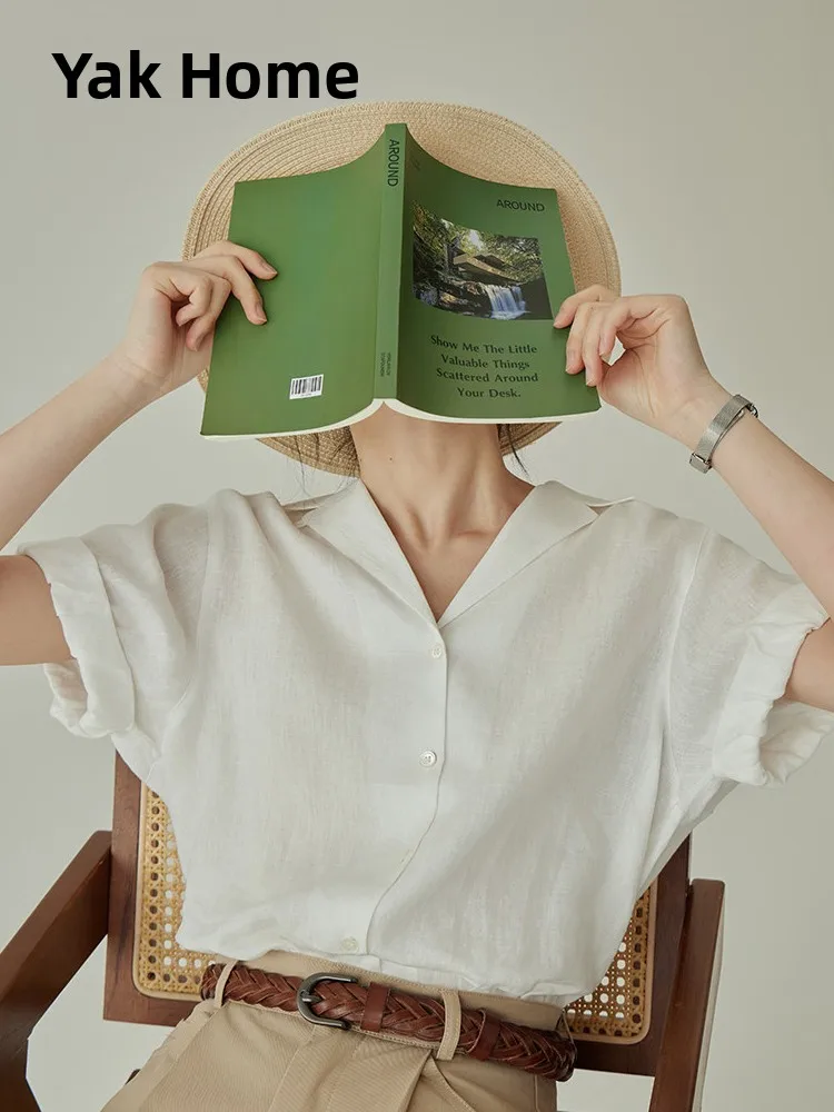 

Aoka Home Window's White Jasmine Women's Shirt Cuba Collar Design Sense Commute Versatile Short Sleeve Cotton Linen Blend