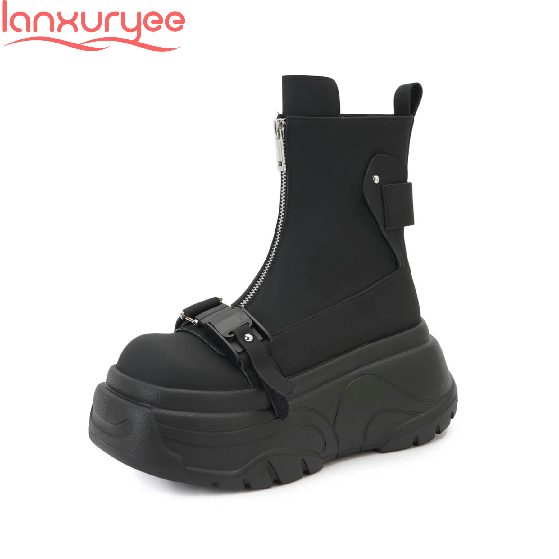 

Lanxuryee Genuine Leather Thick Bottom Modern Motorcycles Boots Casual Winter Autumn Zipper Luxury Platform Women Ankle Boots
