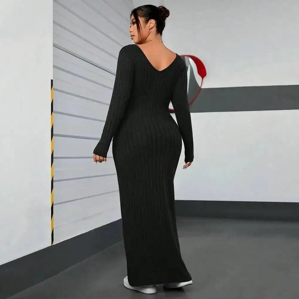 

2025 Plus Size Women's Long Sleeved Dress, Autumn and Winter Minimalist Style, Slim Fit, Hip Hugging, Long Skirt for Women Y2k
