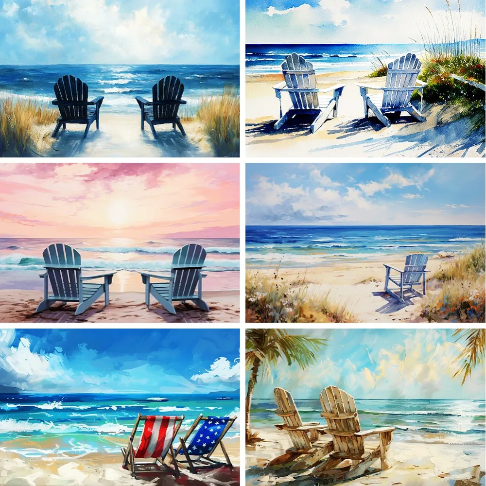 

Diamond Mosaic Cross Stitch Set Diamond Painting Beach Scene Coastal Chair Full Square Adirondack Chairs on a Beach Wall Art